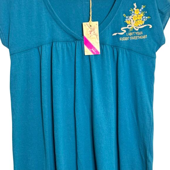 Locher's Paris Size Large Teal Embroidered I Ain't Your Effen Sweetheart Shirt - Picture 3 of 10